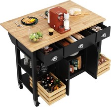 Isola Cucina Rotolabile con Credenza Pieghevole, 3 Cassetti e Armadio Grande