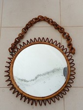 ♥ SPECCHIO DA MURO MID-CENTURY DESIGN IN BAMBU VINTAGE ROTONDO CON DIFETTI