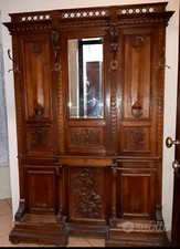 Appendiabiti Antico-Metà'800-Legno Intagliato+ Appendini/Ottone+Specchio Molato 