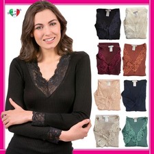 Maglia Intima Donna Manica Lunga di Lana Maglietta Sottogiacca Elegante in Pizzo