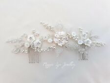 Elegante copricapo pettine capelli sposa, foglie argento bianco avorio fiori matrimonio UK