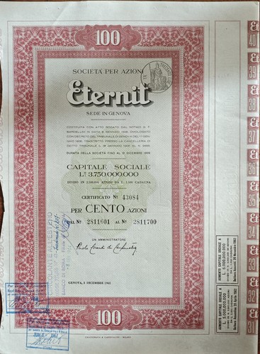 Certificato azionario eternit - certificato,