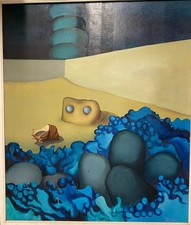 FABIO AGUZZI olio su tela 60x70 cm.  "Fruizione Iconoclasta" 1972