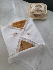 Cestino Stoffa Vintage Ricami Fragoline Pizzo Valenciennes Portapane Fette...