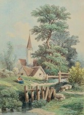 Antico DIPINTO Disegno Matite colorate Paesaggio di Campagna Epoca Ottocentesca