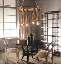 Lampadario da soffitto 4 portalampada e27 corda in canapa legno vintage country