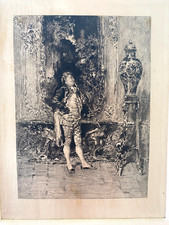 Antica acquaforte Mariano Fortuny y Carlo 1870 su seta "Vaso nobile ammiratore"