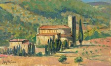 Abbazia Sant'Antimo Montalcino Siena Giacomo Vaccaro Dipinto Olio cm 25 x 15