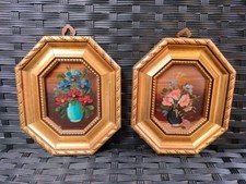 COPPIA DIPINTI OLIO SU RAME, FIRMATO, MINIATURA FIORI, CORNICI OTTAGONALI DORATE