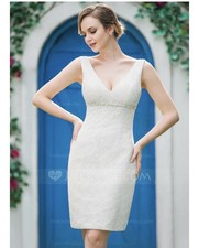 Abito da sposa tubino/colonna scollo a V al ginocchio in pizzo con perline