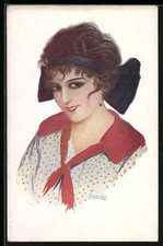 Cartolina artistica firmata Chantecler: Modistilla, spagnola in fiocco nei capelli e rosso 