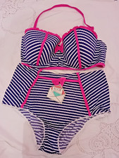 Bikini FLOOZIE a righe testurizzate blu rosa UW taglia 38D e 16 slip vita alta nuovo con etichette