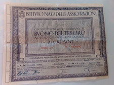BUONO DEL TESORO LIRE 500 ISTITUTO NAZIONALE ASSICURAZIONI 1943 CON MARCHE