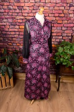 Abito Maxidress Vintage Anni 70 Lungo Nero Rosa Fiori Boho 44 In Vendita