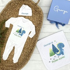 Set regalo cesto opzionale abbigliamento bambino dino blu ruggente personalizzato