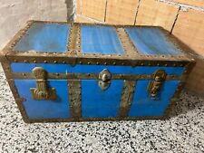 Antica Cassapanca in Legno Baule Vintage Forziere Blu Ferro Legno