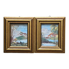 ANTICA COPPIA DI QUADRETTI MINIATURE PAESAGGI DIPINTI ad OLIO CORNICI CON VETRO