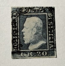 1859, Sicilia. 20 Grana Grigio Ardesia. Sassone 13. Annullato. Certificato.