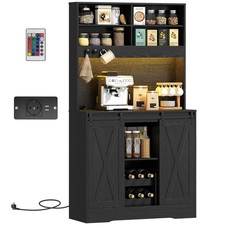 HOMCOM Credenza da Cucina con Portabottiglie, Prese di Ricarica e Luci LED Nero
