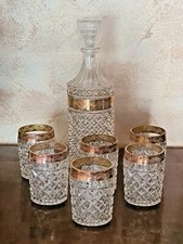 Bicchieri e bottiglia vetro,taglio diamante, sfaccettati, vintage , bordo dorato