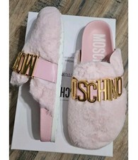 MOSCHINO 🩷 Zoccoli in pelliccia rosa con logo grande UK 5 EU 38 NUOVI