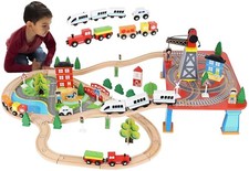 Pista treni in legno giocattolo 88 pezzi  locomotiva elettrica e gru magnetica