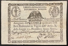 10 PAOLI 1798 ASSEGNATO REPUBBLICA ROMANA BANCONOTA TIMBRO QUADRATO