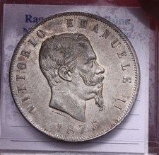 NL* VEII SCUDO 5 Lire ARGENTO 1875 MILANO OTTIMO QFDC Perizia Filisina Massimo