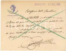 1919 PIACENZA Segreteria Generale - Biglietto Giuseppe Ferrarini *Autografo