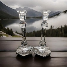 Coppia di candelabri in cristallo Val St. Lambert - base esagonale sfaccettata altezza 9,5"