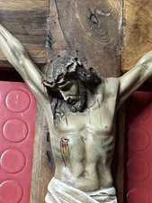 Antico Crocifisso Croce in legno Figura Gesso Gesù Cristo 57x33 Cm