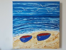 QUADRO MODERNO ASTRATTO DIPINTO A MANO MARE BARCHE MARINA  50x50x4cm  RIF234