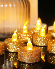Candele LED Glitterate Dorato, Confezione Da 8 Scaldapiatti Senza Fiamma Con Tim