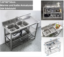 Lavello in Acciaio Inox 2 vasche,Lavandino da Esterno con Rubinetto,120*80 cm