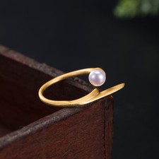 I04 Anello Foglia Bianchi Dolce Perla Argento 925 Placcato Oro Tgl 17 Regolabile