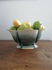 Ciotola grande piedistallo ceramica artistica smaltata drip glaze verde vintage