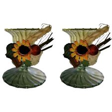 Porta candela candeliere bugia in vetro soffiato verde set da 2 con fiore made i