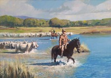 Giacomo Vaccaro uomini a cavallo che guidano bovini al fiume grande dipinto ad olio