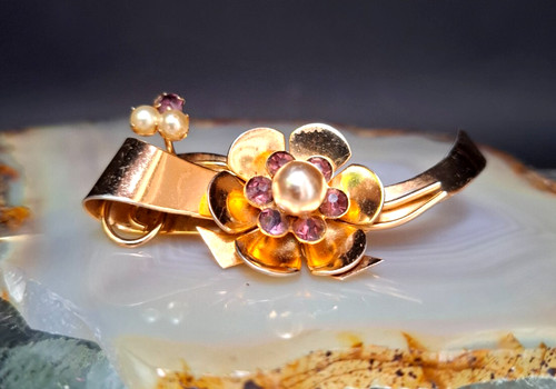 Spilla ottone perle pietre