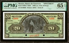 Messico Banco de Guerrero 20 Pesos 1900's SPECIMEN Pick-S300s2 GEM UNC PMG 65 EPQ