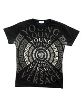 Young Versace T Shirt Top Manica Corta Cotone Jersey Nero Teen Stampa Grafica L 