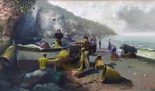 Grande dipinto olio A. Colucci realistico barche da pesca Napoli paesaggio costiero