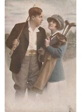 1922 antica cartolina coppia innamorati moda d'epoca sacca mazze da golf