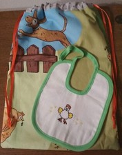 Set asilo:sacca per bambino  fantasia animali fattoria e bavaglino punto croce