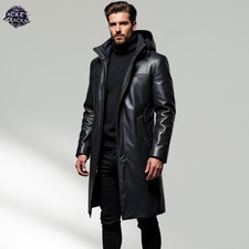 Trench coat uomo nero anni 70 in pelle | Cappotto lungo invernale con cappuccio fatto a mano