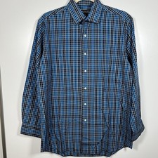 Bergamo New York Button Up Shirt Mens Size Medium Cotton Blend Plaid Blue Black