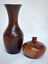 Tom Laser 1991 Signed Hand-Turned Wooden Vases – Walnut & Cherry – Set of 2