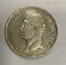 FRANCIA CARLO X 5 FRANCHI ARGENTO 1828 D LIONE ACCETTABILE MB