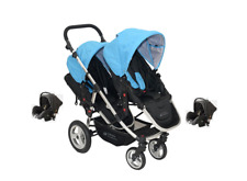 PASSEGGINO TRIO DOPPIO / GEMELLARE BLU CON 2 OVETTI AUTO PER BAMBINI POUSSETTE