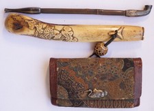 Set fumatori giapponese borse in pelle Ojime argento bambù pipa corna 0116C11